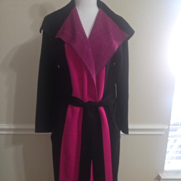 VERTIGO Jackets & Blazers - Vertigo Paris Magenta & Black Belted Long Coat Size L – Colorblock Elegant Coat